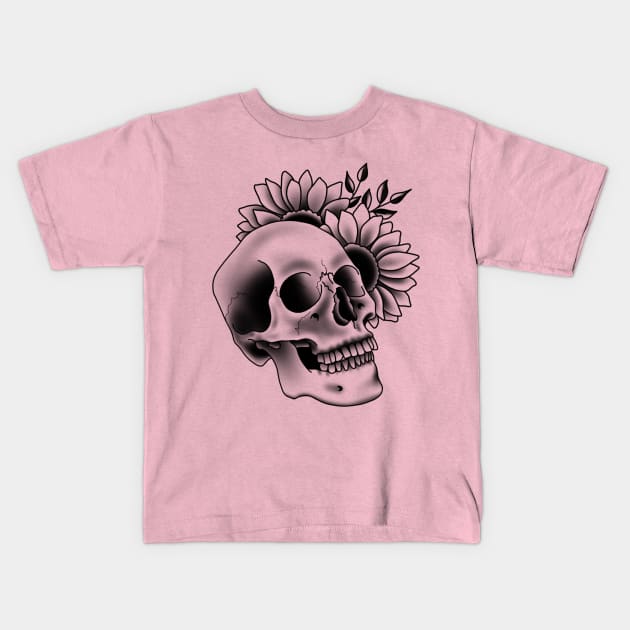 Skull and sunflowers Kids T-Shirt by Glockink